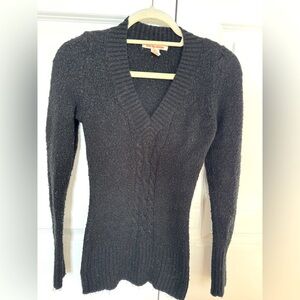 Black Cable Knit Sweater Fuzzy Ribbed V-Neck Medium